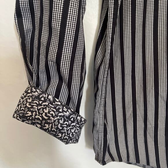 Bugatchi Uomo Dot Stripe Button Up Black Mens Shirt Sz XL Long Sleeve Contrast - Picture 3 of 12